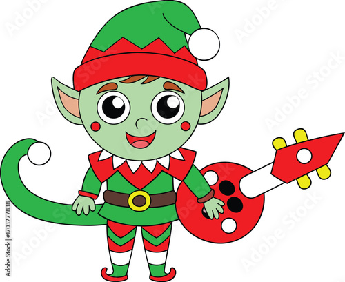 Cheerful cartoon elf holding a candy cane guitar ready for festive holiday music fun vector