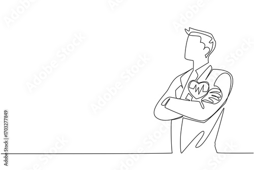 Continuous one line drawing man in suit and tie crossed his arms. Healthy workers benefit many parties. Staff. National Employee Health and Fitness Day. Single line draw design vector illustration