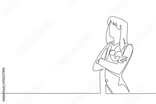 Single one line drawing woman in blazer crosses arms in front of her chest. Healthy employees, smooth business. National Employee Health and Fitness Day. Continuous line design graphic illustration