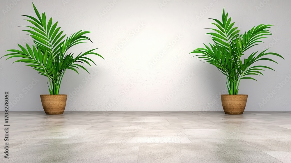 Fototapeta premium Fresh Green Plants in Stylish Pots Against a Modern Neutral Wall Background Interior Design