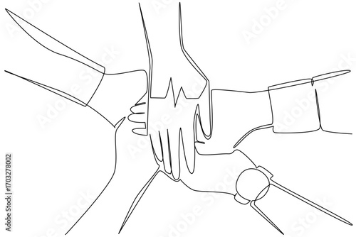 Single one line drawing several hands stacked in a circle with the heart pulse in the middle. Work team agreement. National Employee Health and Fitness Day. Continuous line design graphic illustration