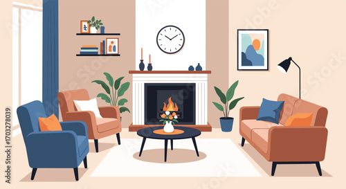 Cozy living room interior design with fireplace and comfortable seating arrangement