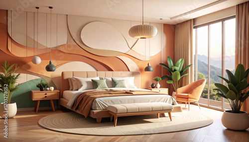Modern bedroom with artistic wall design and large window showing mountain view, warm tones create cozy and inviting atmosphere