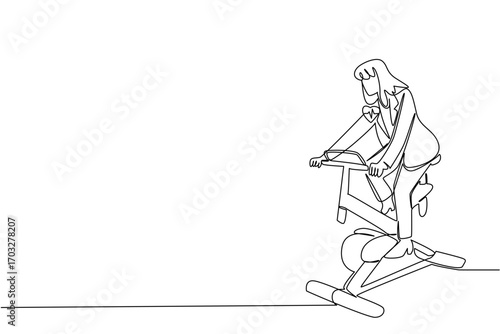Single one line drawing woman in blazer pedaling stationary bike. Trying to stay healthy even though busy. Sport. National Employee Health and Fitness Day. Continuous line design graphic illustration