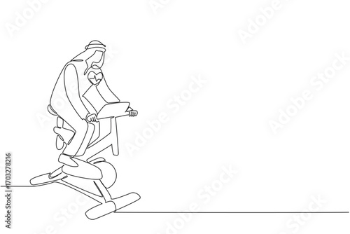 Single continuous line drawing Arab young man in turban and robe pedaling stationary bike. Exercise before work. Sweaty. National Employee Health and Fitness Day. One line design vector illustration