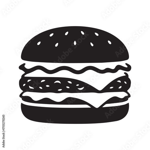 Hamburger icon, black burger silhouette. Fast food glyph symbol for menu design, isolated vector illustration.
