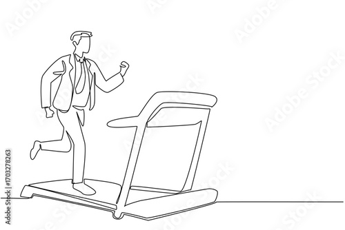 Continuous one line drawing man in suit running on treadmill with heart impulse. Healthy morning before work. National Employee Health and Fitness Day. Single line draw design vector illustration