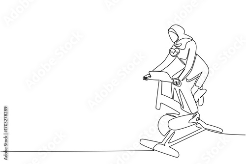 Single one line drawing Arab woman in hijab pedaling a stationary bike. Exercise when work is piling up. Healthy. National Employee Health and Fitness Day. Continuous line design graphic illustration