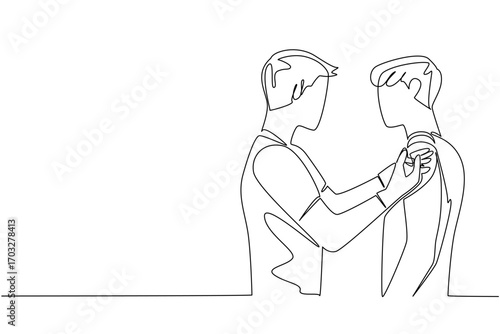Single continuous line drawing male doctor is injecting a male patient. Giving the first vaccine. Dangerous corona virus. Live healthier. National Safety Dose Day. One line design vector illustration