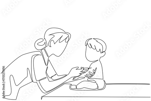 Single continuous line drawing female doctor is giving an injection to sitting baby girl. Efforts to prevent tuberculosis. Healthy living. National Safety Dose Day. One line design vector illustration