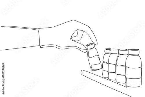 Continuous one line drawing blue gloved hand is taking a vaccine bottle. Vaccine stocks are dwindling. Preventing the virus. National Safety Dose Day. Single line draw design vector illustration