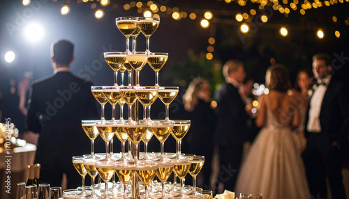 Champagne glass pyramid at elegant party with people in formal dress enjoying celebration
