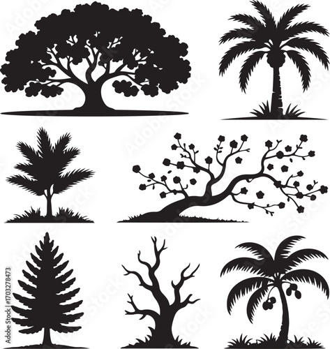 Nine black tree silhouettes showcasing diverse shapes and species nature plant