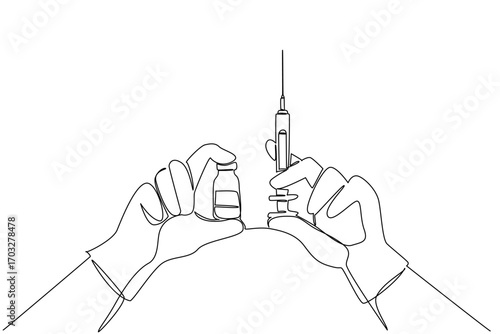 Single continuous line drawing 2 blue gloved hands each holding a syringe and a vaccine bottle. Vaccines for immunity. Anti infection. National Safety Dose Day. One line design vector illustration