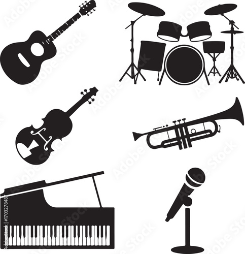 Collection of Musical Instrument Silhouettes on White Background Keywords: guitar, acoustic guitar