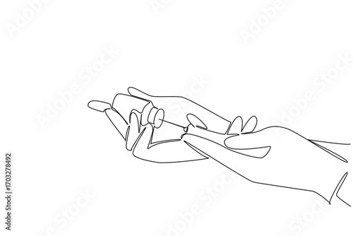 Continuous one line drawing blue gloved hand filling a syringe from a vaccine vial. Measuring the best dose. Curing viruses. National Safety Dose Day. Single line draw design vector illustration