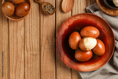 Telur pindang. Tea boiled egg. Indonesian or chinese traditional cuisine. perfect for recipe, article, or any commercial purposes. with copy space.