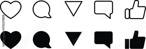 Set of social media interaction icons including heart speech bubble and thumbs up on white background Keywords: social media