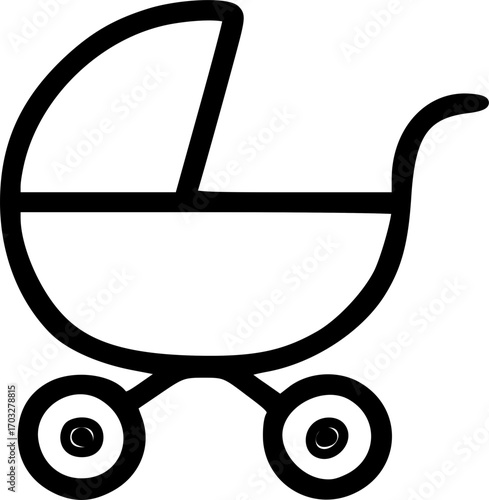A simple black outline icon of a baby carriage or stroller, often used to represent infants, childcare, or family travel.