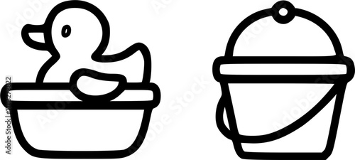 Black and white line art illustration of a rubber duck in a tub and a bucket with a handle.