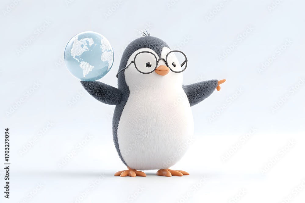 Obraz premium A penguin teacher pointing at a holographic globe, futuristic classroom theme, 3d animation, isolated on a white background