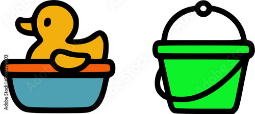 Rubber duck in a tub and a green bucket.