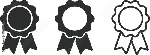 Three dark gray award rosettes with ribbons on a white background medal prize