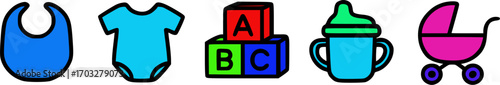 A collection of baby themed clip art including a bib, onesie, blocks, bottle, and stroller.