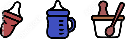 Baby bottle, feeding utensils, and baby food preparation items.