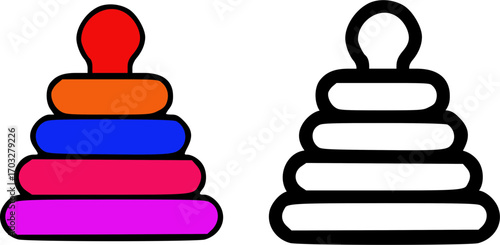 Colored and outlined stacking rings toy illustration.