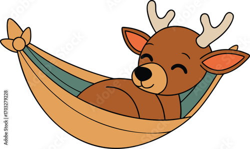 Cute cartoon reindeer sleeping peacefully in a colorful hammock funny holiday humor vector