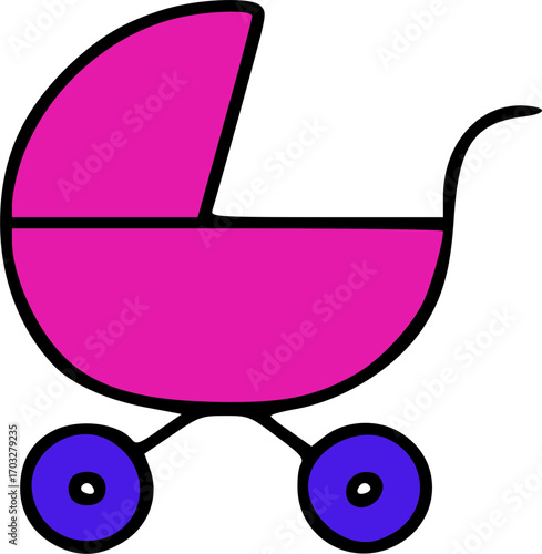 A simple, colorful cartoon illustration of a pink baby carriage with purple wheels.