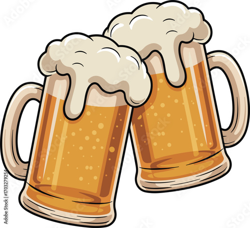 Two overflowing mugs of frothy beer clinking together on white background lager drink