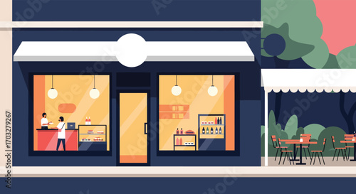 Charming small town bakery offers delicious pastries and coffee on a sunny afternoon