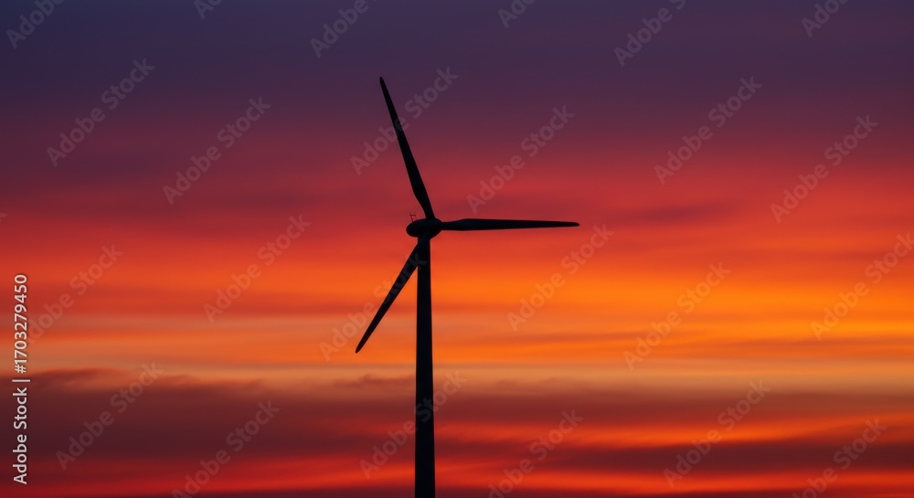 Obraz premium Wind turbine silhouetted against vibrant sunset sky 