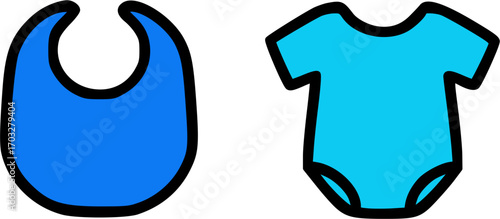 Illustration of a blue baby bib and a blue onesie, perfect for a baby shower.