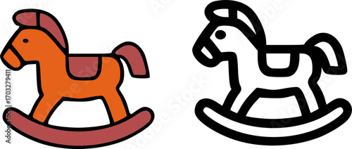 Two rocking horses, one colored orange and one black and white.