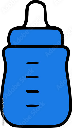 A cartoon drawing of a blue baby bottle with milk level indicators.