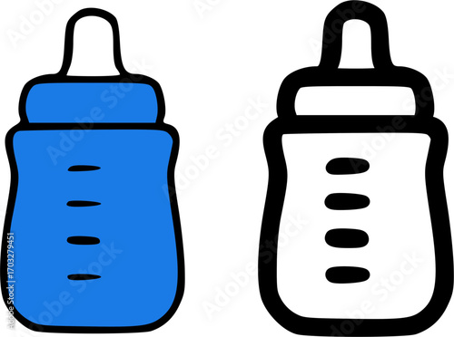 Two baby bottles, one colored blue and the other outlined in black, are shown side-by-side.