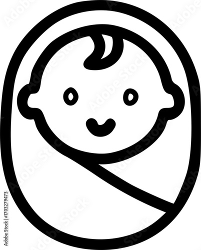 Simple line art drawing of a smiling newborn baby swaddled in a blanket, depicting innocence and new life.
