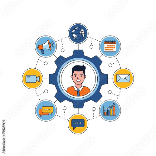 Business process management concept with icons and man