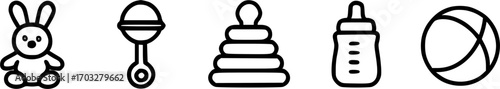A collection of simple black and white line art icons for baby items.