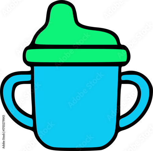 A simple cartoon illustration of a blue sippy cup with a green lid and two handles, isolated on a white background.