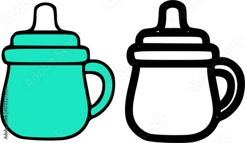 Two baby bottles, one colored turquoise and the other outlined in black and white.