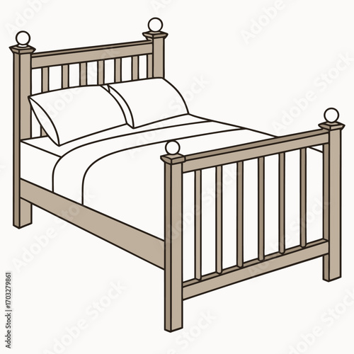 Illustration of a wooden bed with pillows and bedding