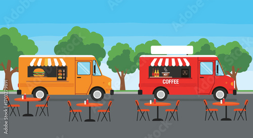 Vibrant food trucks offering delicious cuisine on a sunny day outdoor dining experience