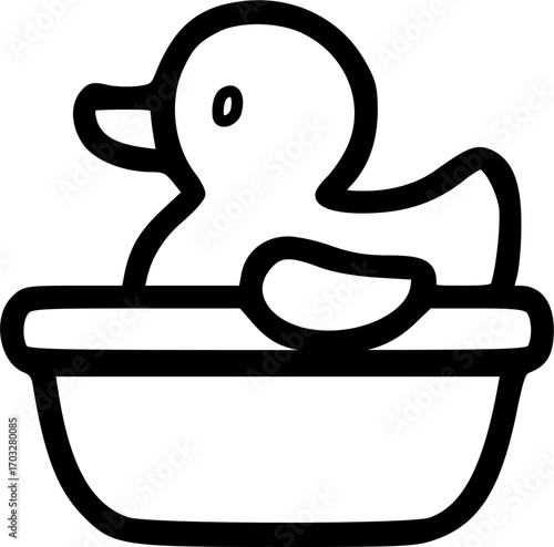 A cartoon rubber duck in a small plastic bathtub.