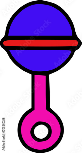 A colorful cartoon illustration of a baby rattle with a blue spherical head and a pink handle.
