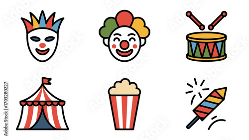 Delightful circus icons bring whimsical fun to any project, perfect for events and celebrations