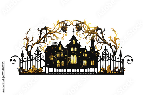 Silhouette of a haunted house behind a wrought iron gate